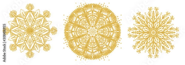 Fototapeta Set of snowflake sketch icon isolated on white background. Hand drawn mandala. Swirl gold icons for infographic, website, design or app