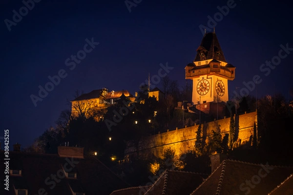 Fototapeta View from city hall Rathaus to Uhrturm on Schlossberg Graz