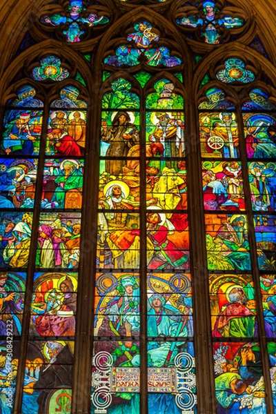 Obraz Prague, Prague / Czech Republic: Stained glass window by Alfons Mucha, located inside the Cathedral of St Vitus.