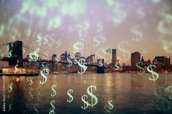 Fototapeta Financial graph on night city scape with tall buildings background multi exposure. Analysis concept.