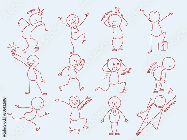 Fototapeta Stickman characters. Business person in doodle style cute expressions man funny poses office manager working vector line sketches. Stickman expression, tiredness, exultation and affright illustration