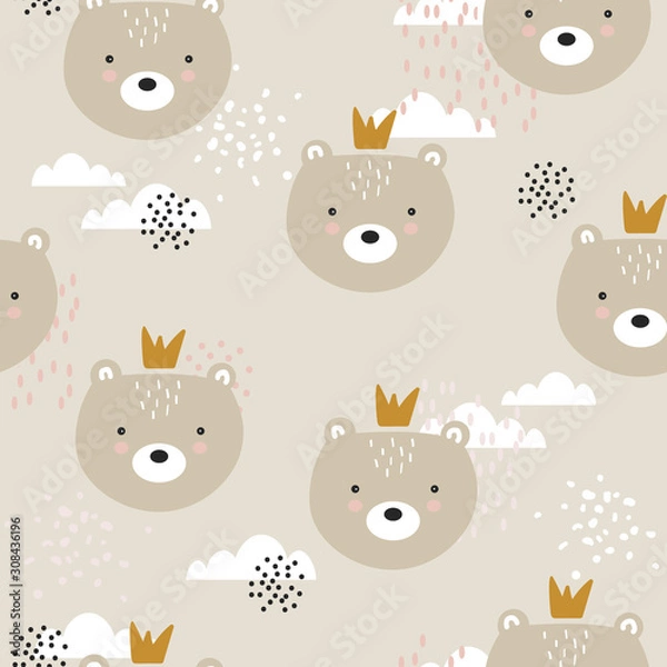 Obraz Bears with crowns, hand drawn backdrop. Colorful seamless pattern with muzzles of animals. Decorative cute wallpaper, good for printing. Overlapping colored background vector