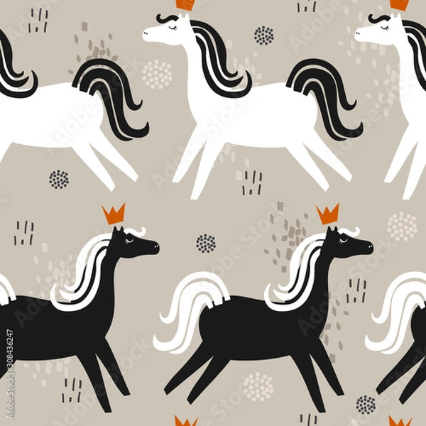 Fototapeta Horses with crowns, hand drawn backdrop. Colorful seamless pattern with animals. Decorative cute wallpaper, good for printing. Overlapping background vector. Design illustration