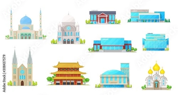 Fototapeta Church and library buildings, vector icons of religion and education architecture. Cathedral, temple and mosque, synagogue and public library construction exteriors with windows, doors and roofs