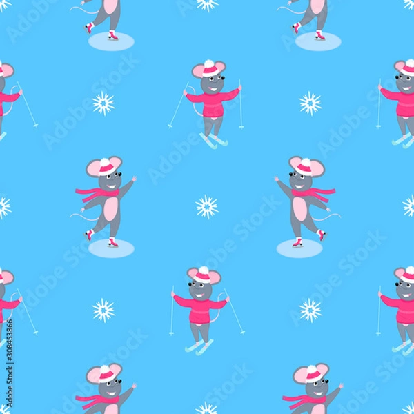 Fototapeta A set of mice. Little mouse. Rats. Winter fun. Skiing, ice skating. Symbol of Chinese New Year 2020. Christmas seamless pattern