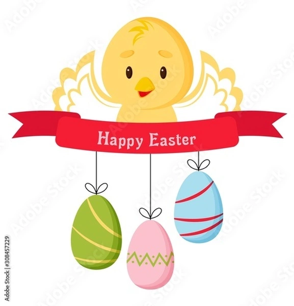 Fototapeta Easter eggs and chicken. Template for Easter card, print, isolated on white background.