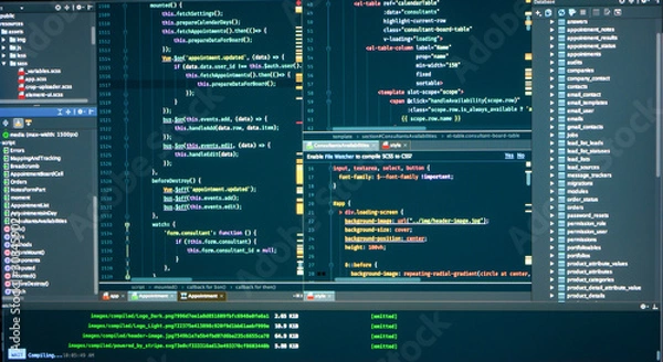 Obraz Вatabase structure, code structure, concole, logs, frontend, markup, Javascript source code for software development. Programmer workflow