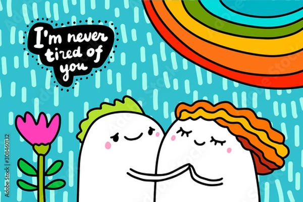 Fototapeta I am never tired of you hand drawn vector illustration in cartoon comic style couple hugging