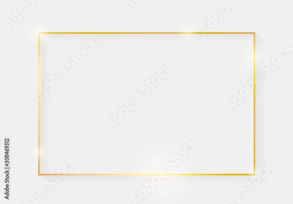 Fototapeta Gold shiny glowing vintage frame with shadows isolated on transparent background. Golden luxury realistic rectangle border. Vector