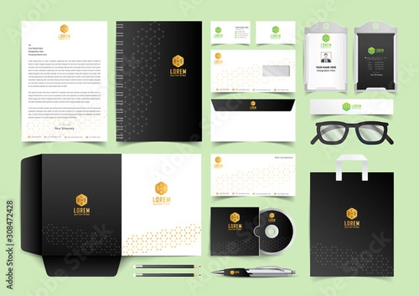 Obraz Black and Gold Hexagonal Stationery Layout Set Template