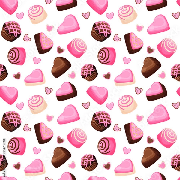 Fototapeta Valentine's day chocolate, strawberry candy seamless pattern, vector design.