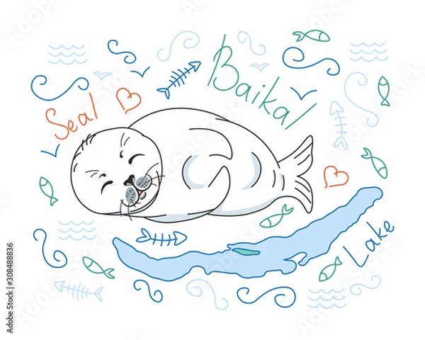 Fototapeta cute fur seal, baby baikal lake nerpa on white background with doodle elements, animal extinction problem, Red List, editable vector illustration for banner, poster, card, decoration