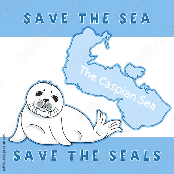 Fototapeta cute fur seal, save the seals slogan, baby nerpa on caspian sea background, animal extinction problem, Red List, editable vector illustration for banner, poster