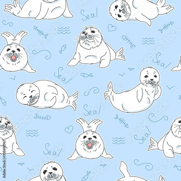 Fototapeta cartoon drawing kawaii fur seals, baby nerpas seamless pattern, on blue background with doodle elements, cute wild red list animals, editable vector illustration for kids fabric, textile, paper, decor
