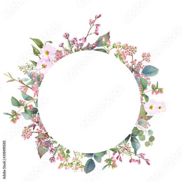 Fototapeta Hand drawn watercolor wreath with picturesque herbs, leaves and bloomy bindweed isolated on a white background. Ideal for creating  invitations, greeting cards. Floral illustration.Botanic composition