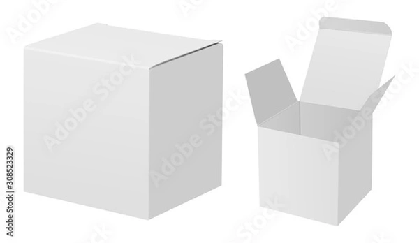 Obraz White box mockup. 3d rectangle carton package set. Square cardboard vector container design. Open paper qube pack mock up for cosmetic product. Retail open and closed paper pack for gift