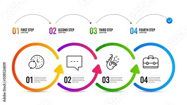 Obraz Portfolio sign. Infographics timeline. Jazz, Blog and Update time line icons set. Saxophone, Chat message, Refresh clock. Business case. Education set. Jazz icon. Timeline diagram. Vector