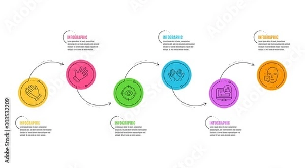 Obraz Eye target, Clapping hands and Face accepted signs. Infographics timeline. Like video, Smartphone holding and Hand line icons set. Thumbs up, Phone, Waving palm. Optometry. People set. Vector