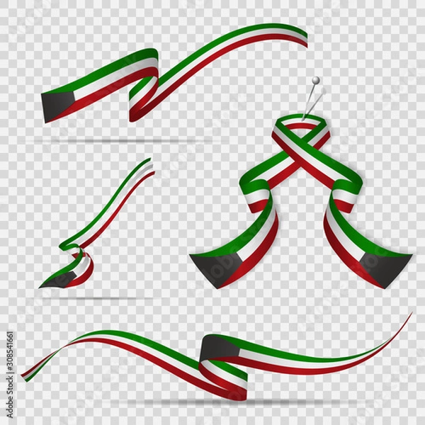 Fototapeta Flag of Kuwait. 25th of February. Set of realistic wavy ribbons in colors of kuwaiti flag on transparent background. Independence day. National symbol. Vector illustration.