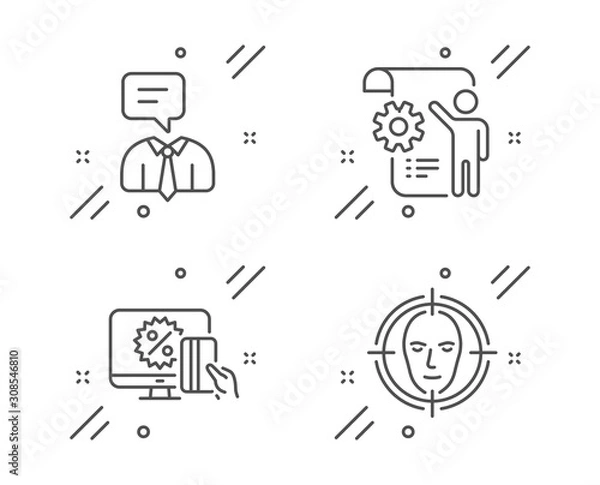 Fototapeta Online shopping, Support service and Settings blueprint line icons set. Face detect sign. Black friday, Human talking, Engineering cogwheel. Select target. People set. Vector