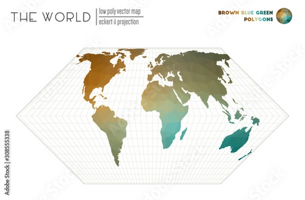 Obraz Abstract geometric world map. Eckert II projection of the world. Brown, Blue, Green colored polygons. Neat vector illustration.