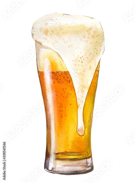 Fototapeta Oktoberfest. Watercolor illustration with glass of lager in picturesque style for bar. Drink menu for celebration. Beer poster.