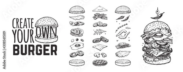 Fototapeta Burger menu. Vintage template with hand drawn sketches of a hamburger and its ingredients. Engraving style icons - bun, cutlet, cucumbers, tomatoes and cheese.