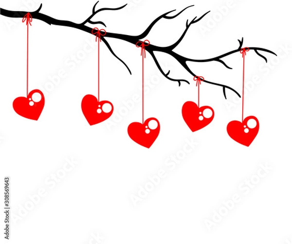 Fototapeta Vector five hearts hanging on a black branch on red threads