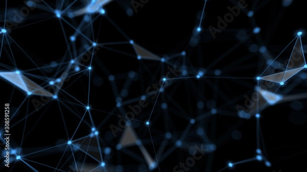 Fototapeta Technology network and communication with line and dot moving with transfer information data line and dot on blue background.