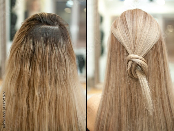 Obraz Appearance of hair blonde woman before and after dyeing