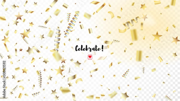 Fototapeta Modern Gold Confetti, Falling Stars, Streamers, Tinsel. Cool Elegant Christmas, New Year, Birthday Party Holiday Scatter. Horizontal Mystical Particles Background. Gold Confetti, Falling Down Stars.
