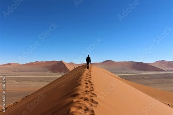 Obraz Man walking on one of the highest dunes in the world. Dune 45 also known as big daddy in Namib Naufkluft Nationalpark, Sossusvlei, Namibia southern Africa