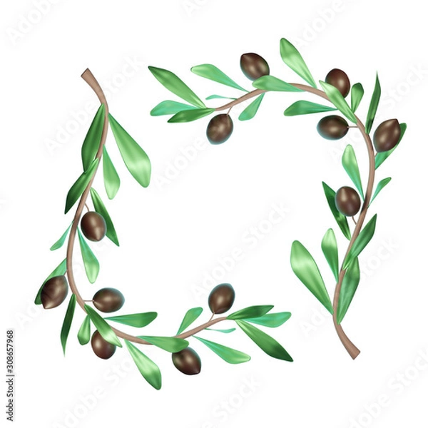 Fototapeta A square frame of two olive branches with dark fruits and green leaves. A symbol of Greek cuisine and culture. Stylized 3D illustration on a white background.
