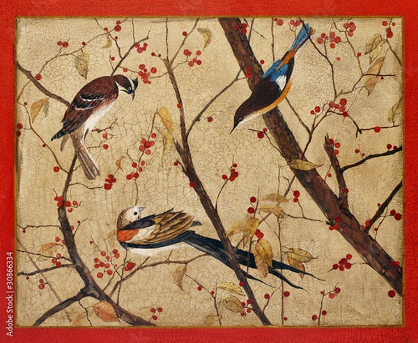 Obraz Painting. Colorful birds on branches with red berries