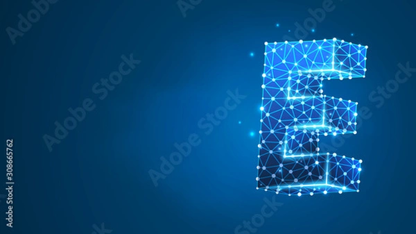Fototapeta Alphabet letter E. Design of an Uppercase letter. Banner, template or a pattern. Abstract digital wireframe, low poly mesh, Raster blue neon 3d illustration. Triangle, line, dot