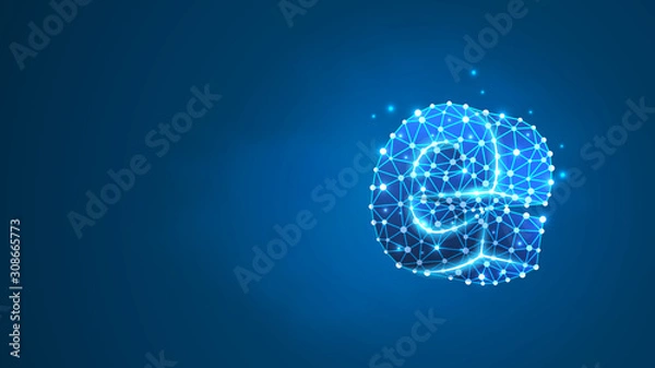 Fototapeta Alphabet letter e. Design of a lowercase letter. Banner, template or a pattern. Abstract digital wireframe, low poly mesh, Raster blue neon 3d illustration. Triangle, line, dot