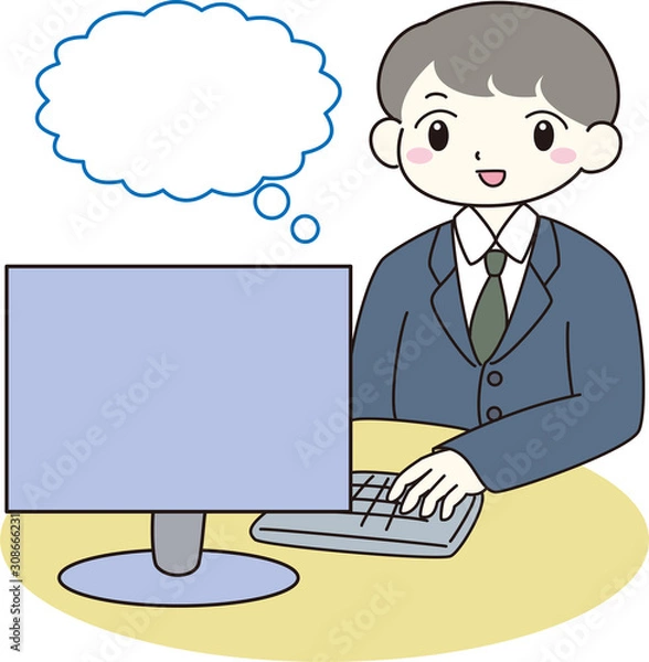 Fototapeta 男性　男の子　ビジネスマン　パソコン　吹き出し　想像　枠　作業　考える　タイピング