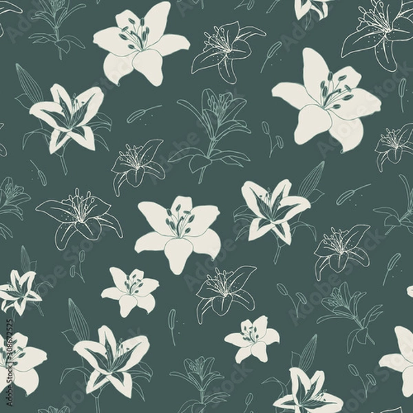 Fototapeta Vector repeat pattern with white and light green lilies on dark background. Hand-drawn style. One of "Lovely Lilium" collection patterns.