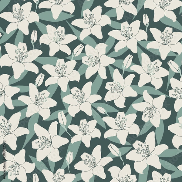 Fototapeta Vector repeat pattern with romantic lilies and leaves on dark background. Hand-drawn style. One of "Lovely Lilium" collection patterns.