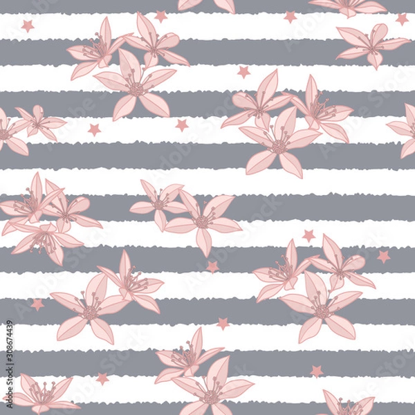Obraz Vector pink flower grey striped background seamless pattern print