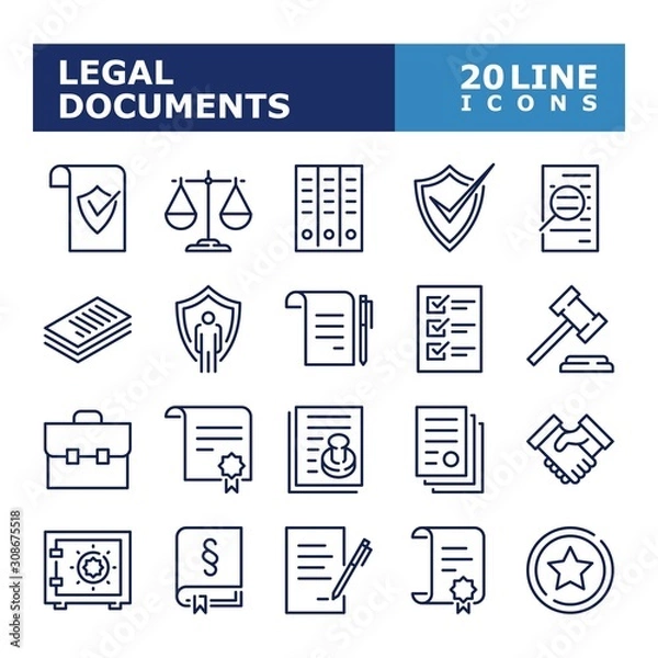 Obraz Legal documents icons. Law and justice line icon set. Vector illustration. Editable stroke.
