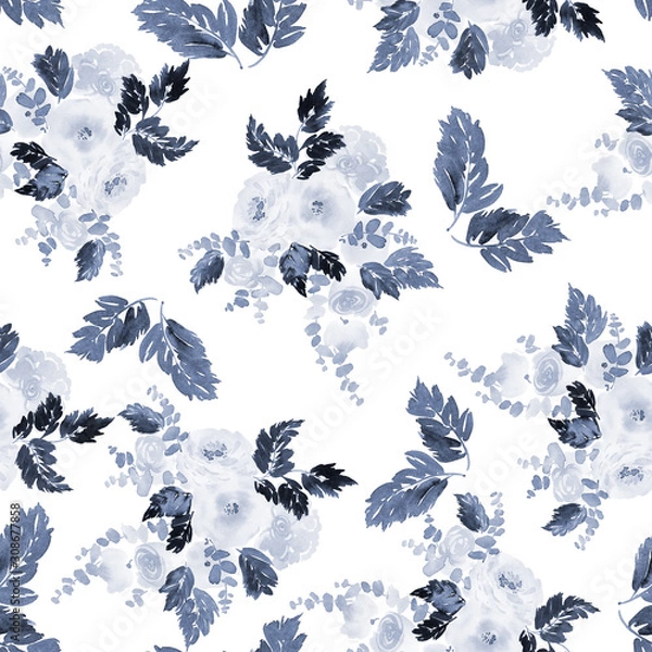 Fototapeta Seamless summer pattern with watercolor flowers handmade in indigo