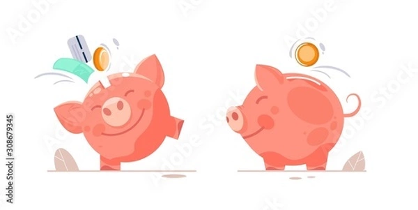 Obraz Piggy bank with coin. Icon saving or accumulation of money, investment, donat