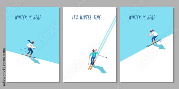 Obraz Vector illustration of skiers on mountain with text. Sports men in the ski resort. Winter seasonal activity.