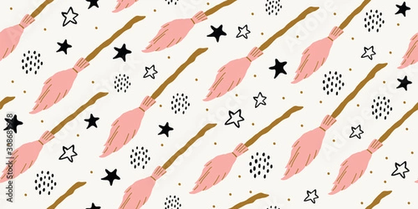 Fototapeta seamless witch pattern with flying pink brooms