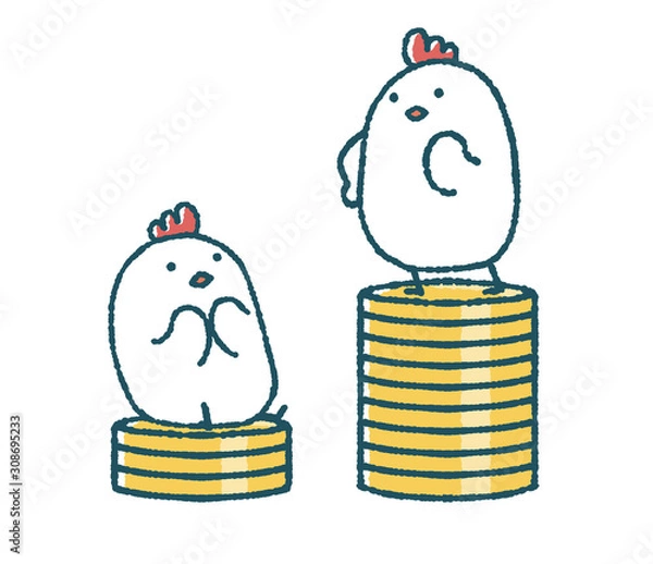 Fototapeta ゆるいにわとりはコインの上で資産の比較