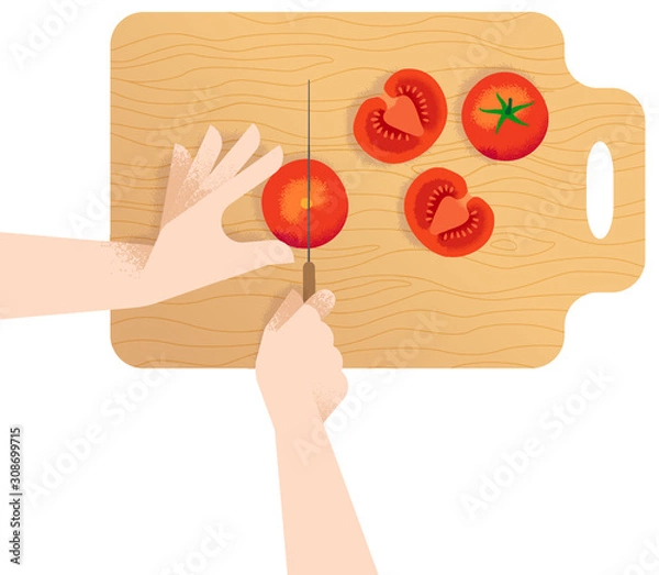 Fototapeta Woman's hands slicing a tomatoe with a knife on wooden cutting board - flat lay.