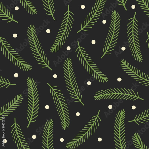 Obraz Cartoon fir branch seamless pattern isolated on black.