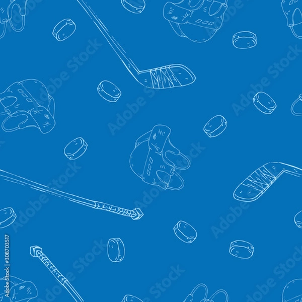 Fototapeta Hockey set seamless pattern. Vector illustration of a hockey stick, helmet, puck seamless pattern. Background from hockey stick hockey stick, puck.