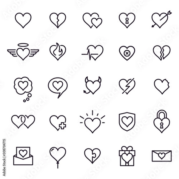 Obraz Heart line icons. Styling heart decoration elements, love and friendship symbols and outline lovely pictograms vector isolated icons set. Affection contour sign pack. Romance thin line illustrations